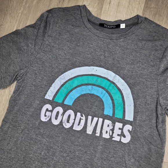 Yexipo Good Vibes Graphic Tee Grey super soft size small - Picture 4 of 6